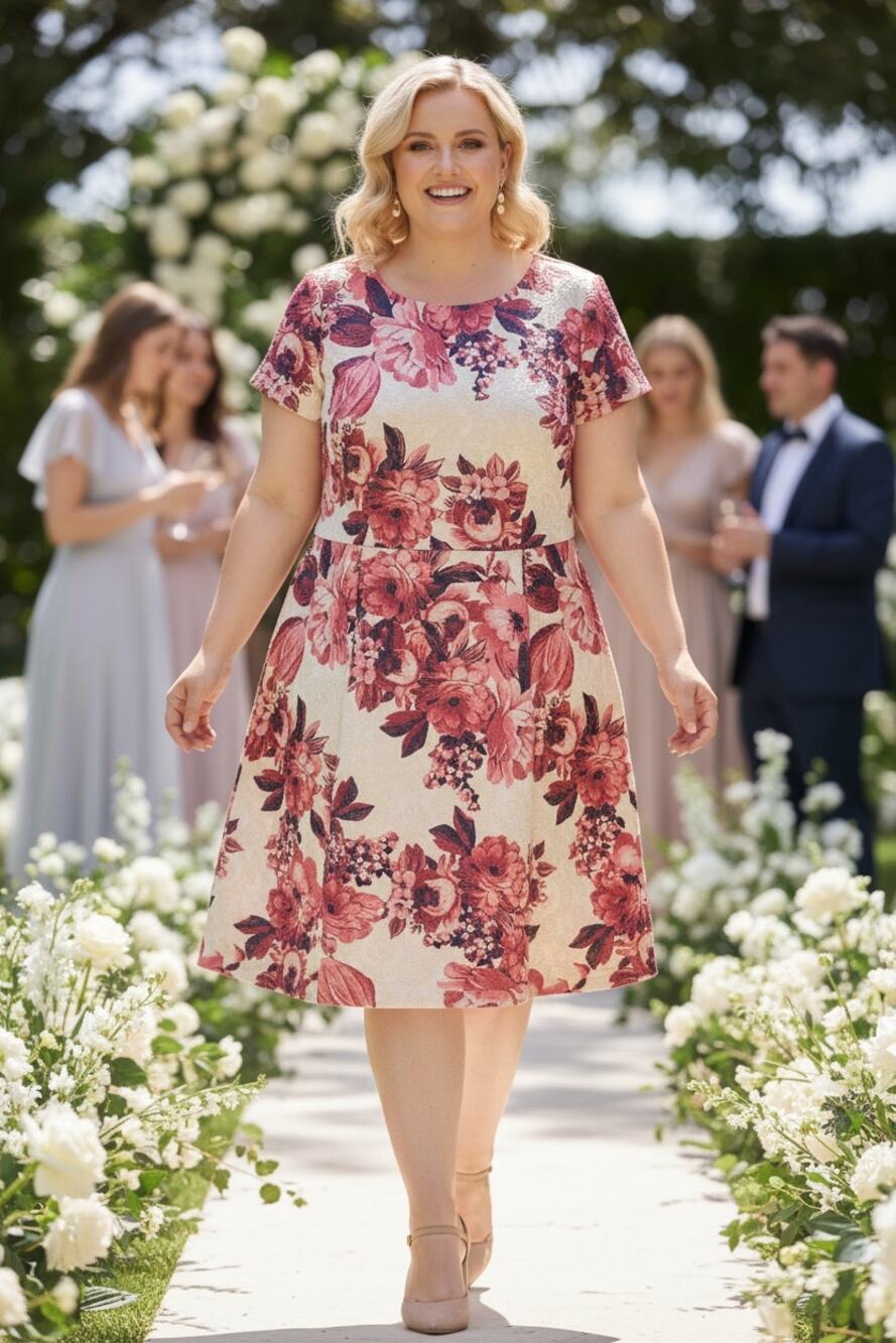 Adrianna Papell Plus Size Dress Red Wedding Guest Floral Metallic Cocktail